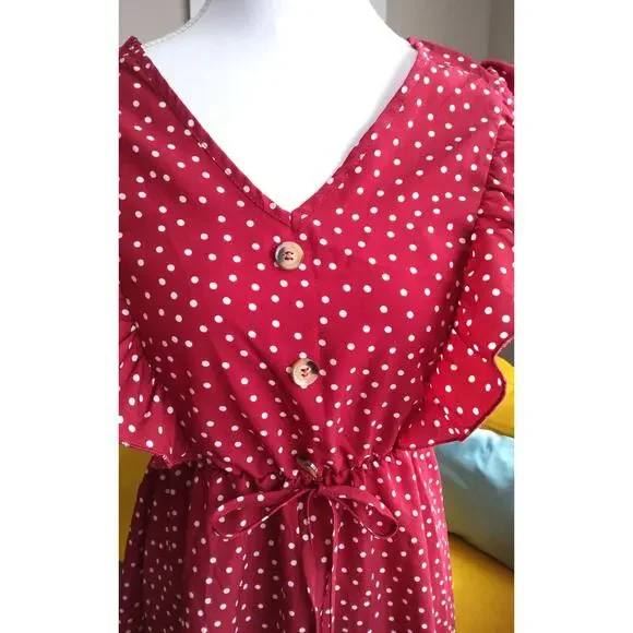 Red polka dot dress sz S pin-up flutter ruffled shoulder’s romantic v-neck chic - Picture 3 of 9